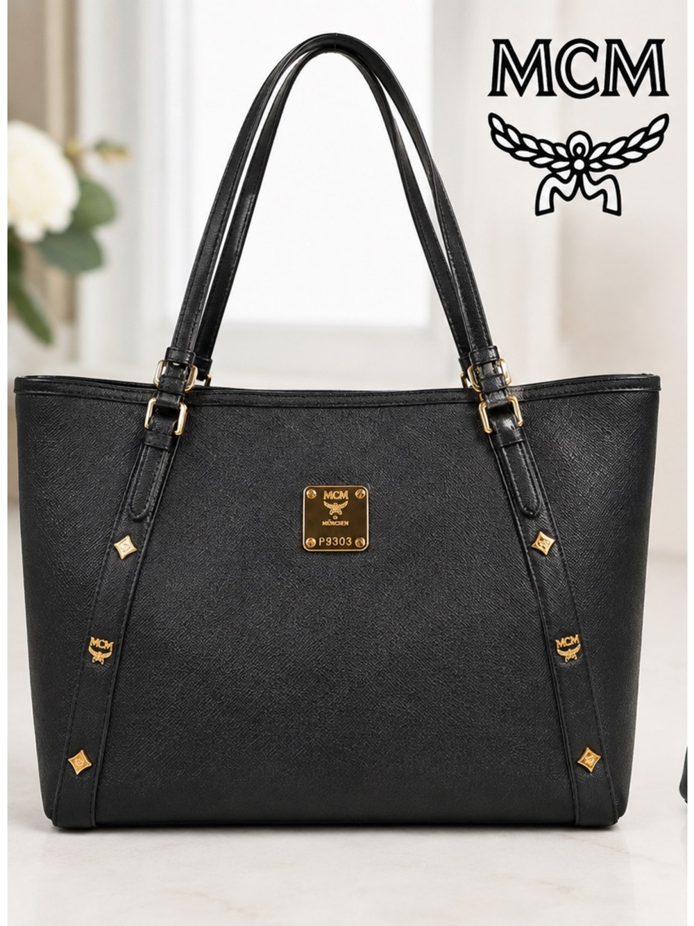 MCM München Black Leather Gold Studded Tote Shoulder Bag
